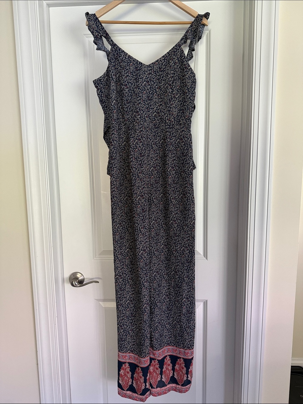 Xhilaration Navy Jumpsuit with Coral Border and Ruffled Straps